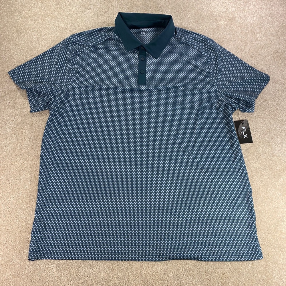 FLX Golf Polo Shirt Mens XXL Teal Blue Geometric Tee Print Short Sleeve Stretch